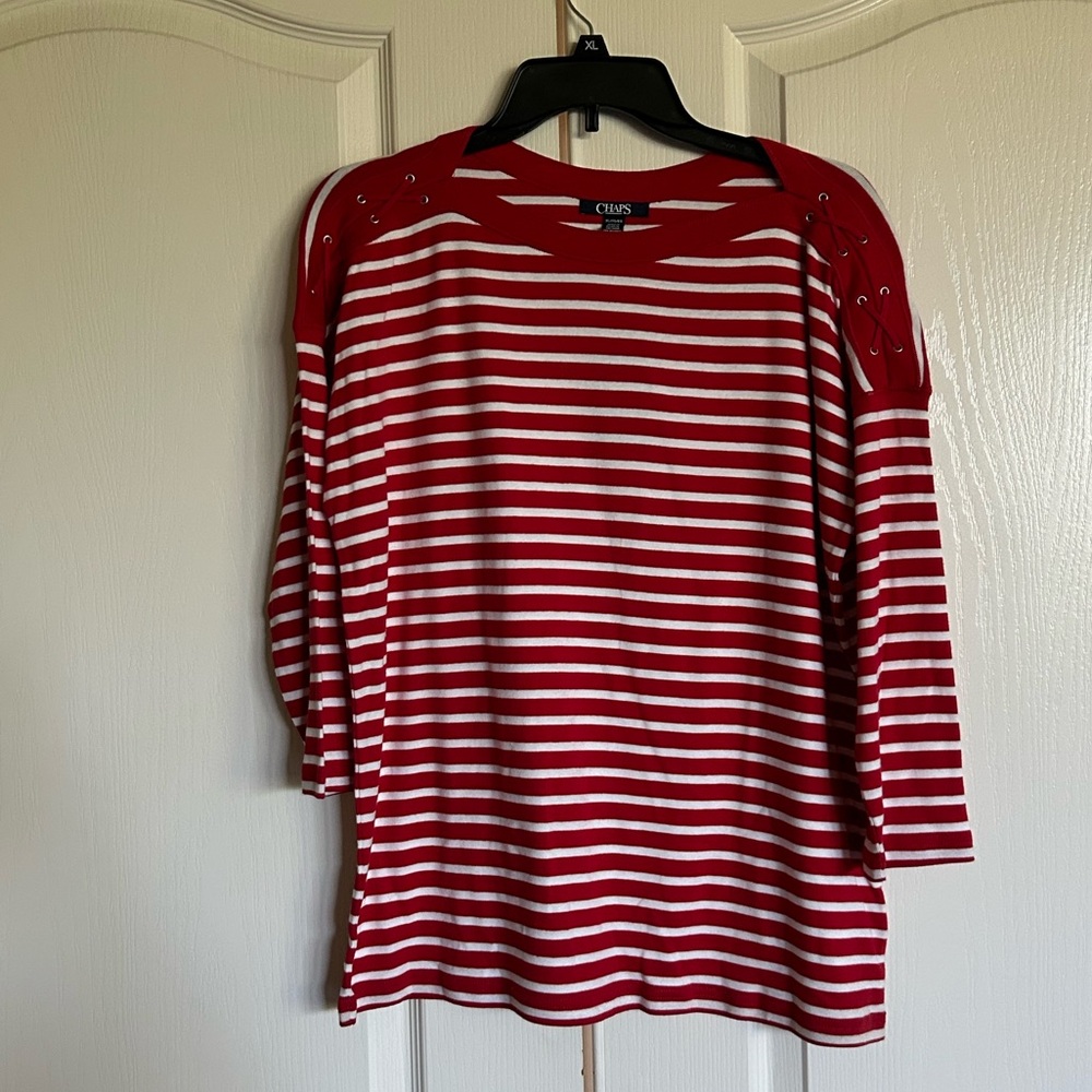 Chaps red and white striped nautical T shirt 3/4 sleeve size XL NEW Host Pick!